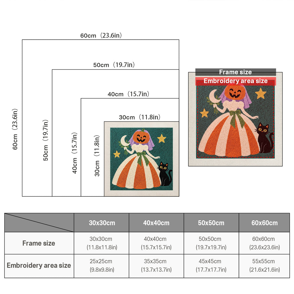Size chart for square punch needle kits from 30 x 30 cm to 60 x 60 cm