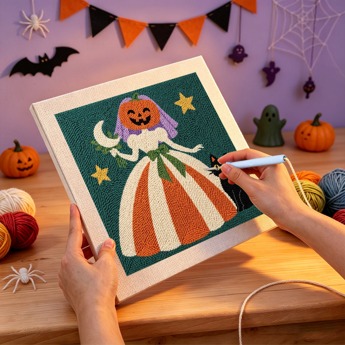 Punching the Pumpkin Bride design with the punch needle