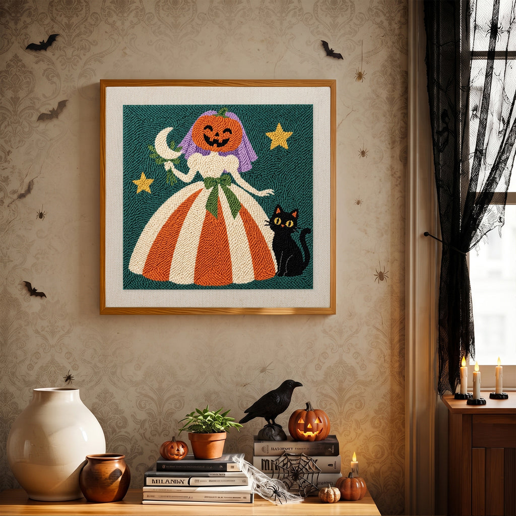 Finished Pumpkin Bride punch needle canvas on a wall