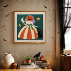 Finished Pumpkin Bride punch needle canvas on a wall