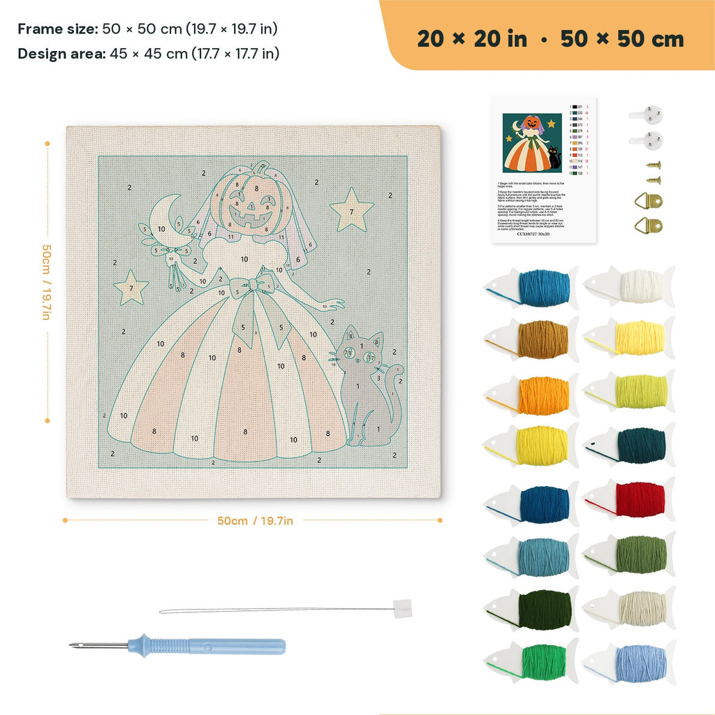 Pumpkin Bride punch needle kit, 20 × 20 in (50 × 50 cm): canvas size and kit contents