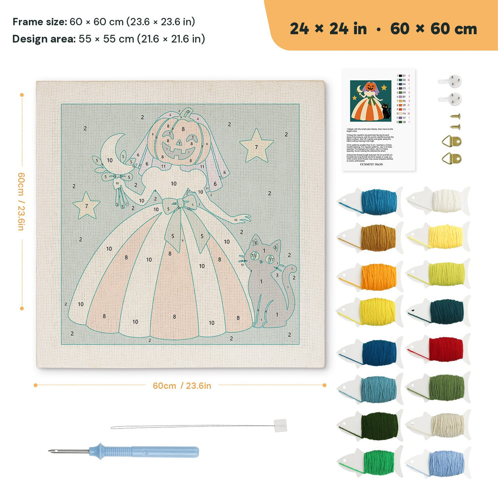 Pumpkin Bride punch needle kit, 24 × 24 in (60 × 60 cm): canvas size and kit contents