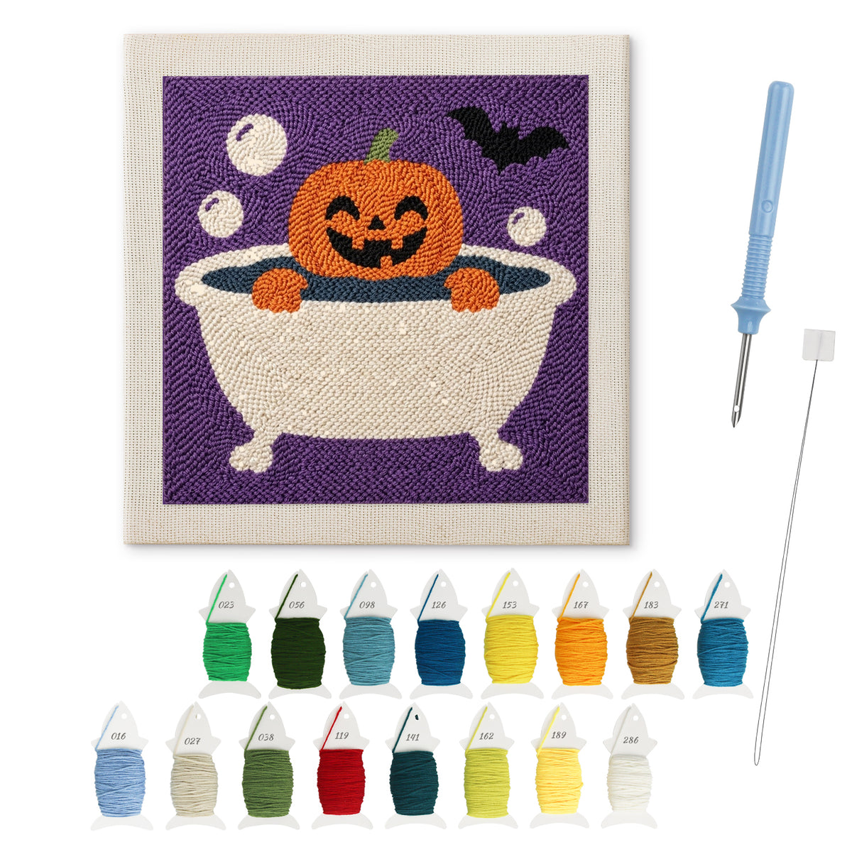 Pumpkin Bubble Bath punch needle kit: finished canvas with threads, punch needle and threader