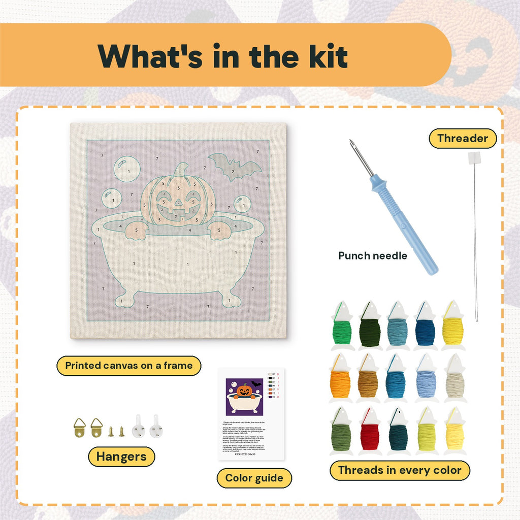 What is in the Pumpkin Bubble Bath kit: printed canvas, punch needle, threader, threads, color guide and hangers