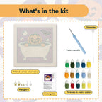 What is in the Pumpkin Bubble Bath kit: printed canvas, punch needle, threader, threads, color guide and hangers