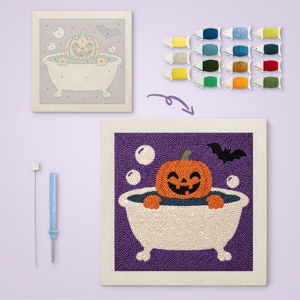 Pumpkin Bubble Bath canvas before and after punching, with the threads and tools