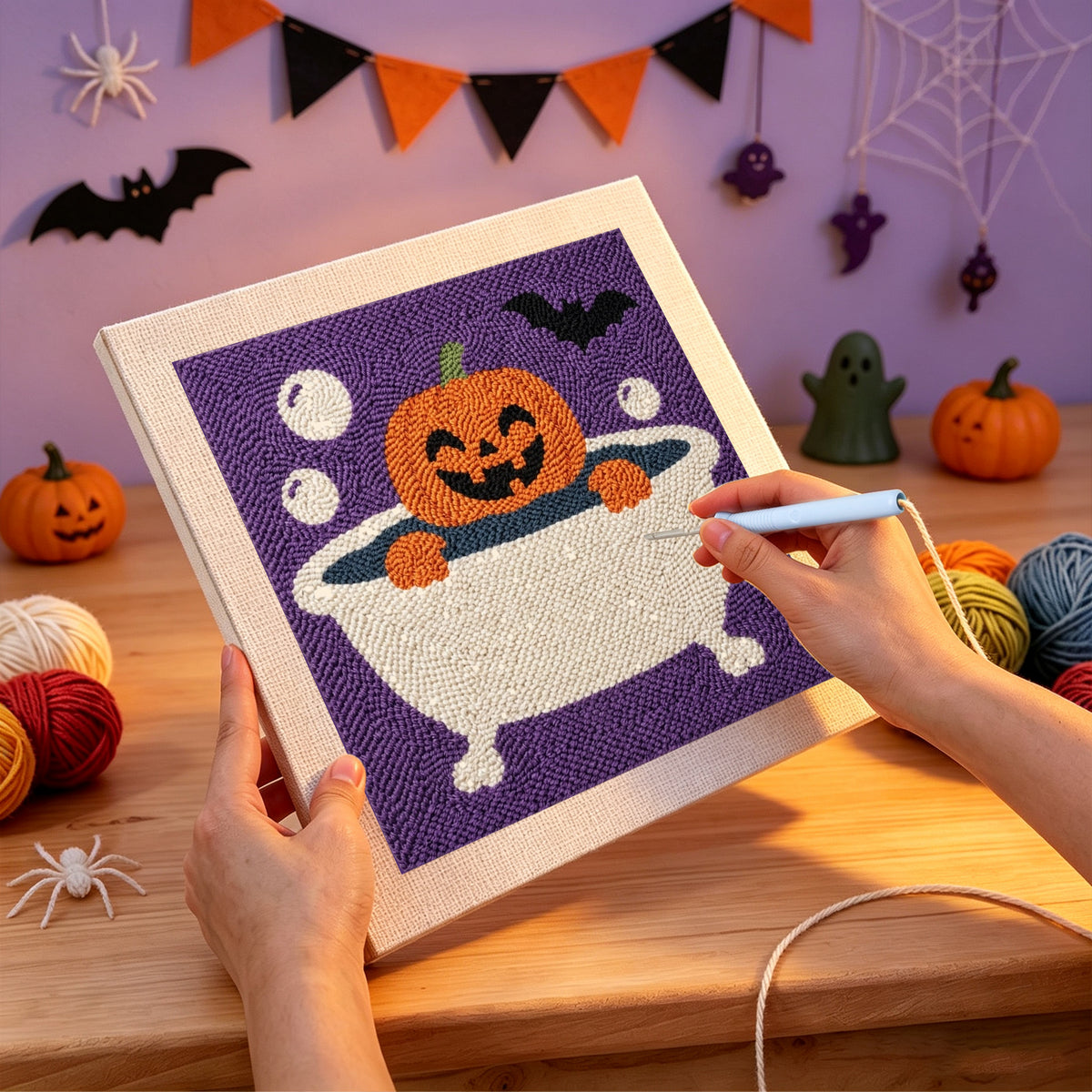 Punching the Pumpkin Bubble Bath design with the punch needle