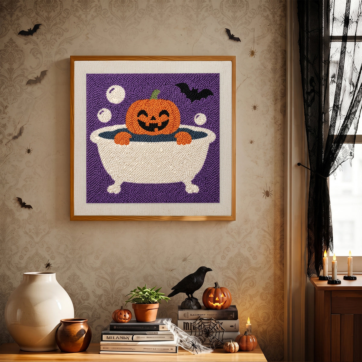 Finished Pumpkin Bubble Bath punch needle canvas on a wall