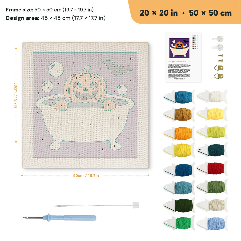 Pumpkin Bubble Bath punch needle kit, 20 × 20 in (50 × 50 cm): canvas size and kit contents