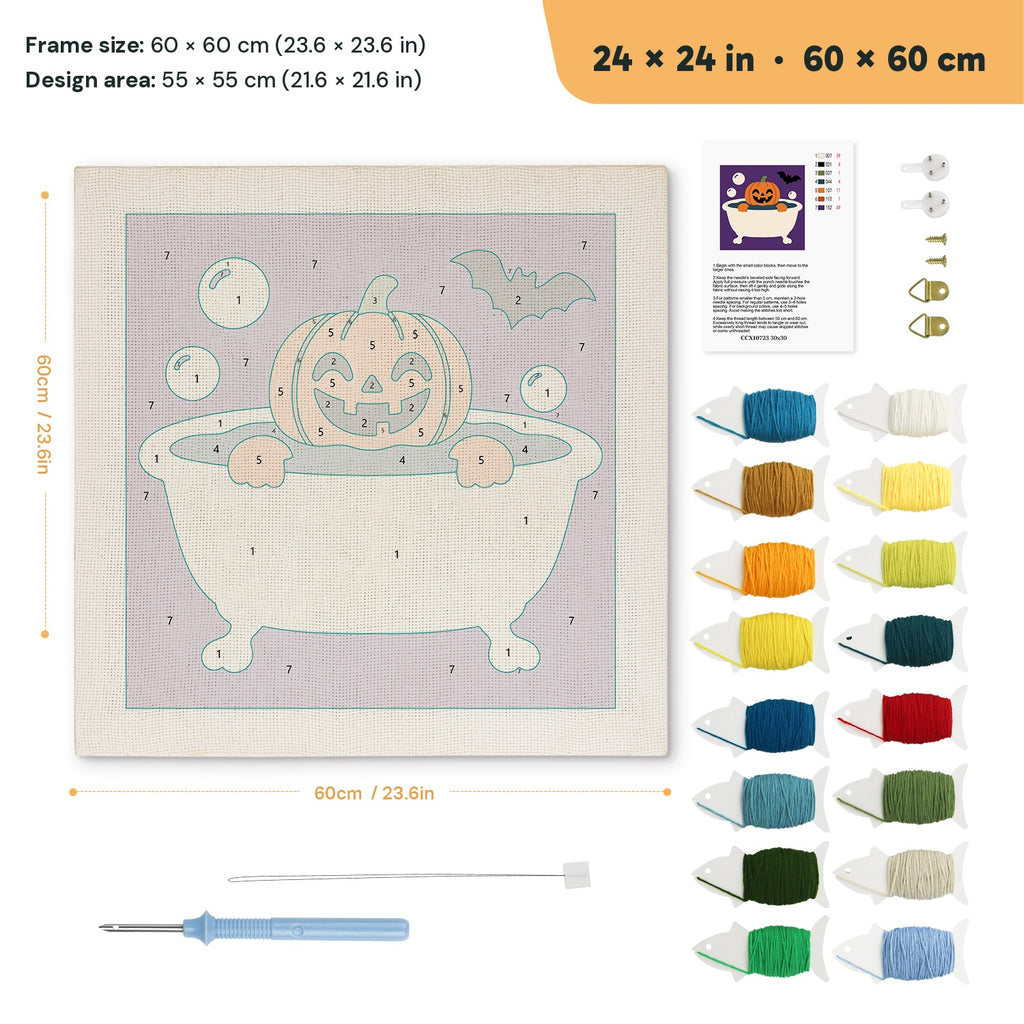 Pumpkin Bubble Bath punch needle kit, 24 × 24 in (60 × 60 cm): canvas size and kit contents