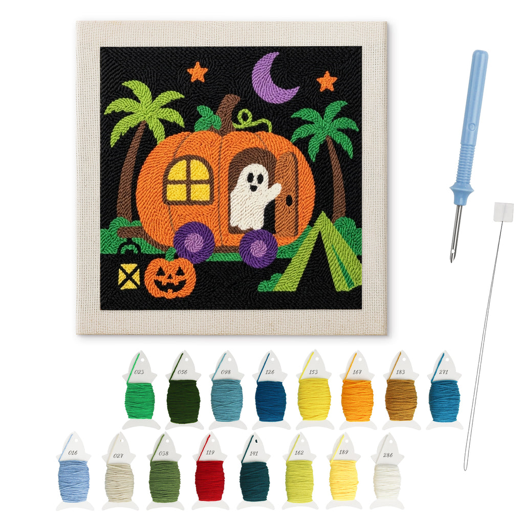 Pumpkin Camper Ghost punch needle kit: finished canvas with threads, punch needle and threader