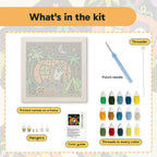 What is in the Pumpkin Camper Ghost kit: printed canvas, punch needle, threader, threads, color guide and hangers