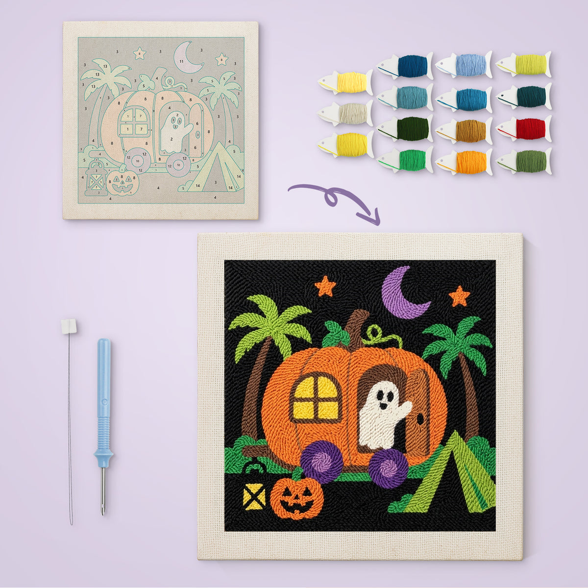 Pumpkin Camper Ghost canvas before and after punching, with the threads and tools