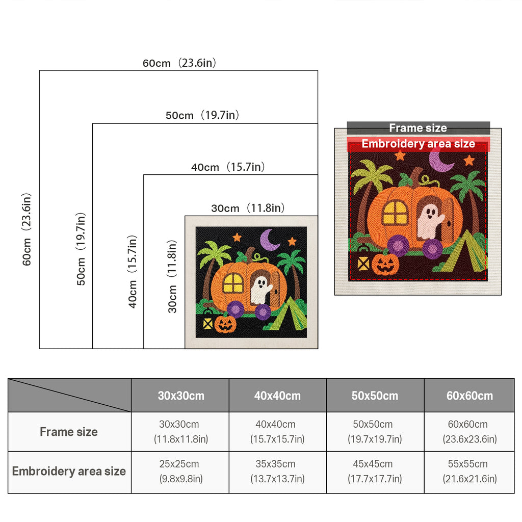 Size chart for square punch needle kits from 30 x 30 cm to 60 x 60 cm