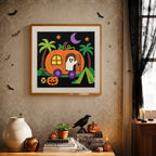 Finished Pumpkin Camper Ghost punch needle canvas on a wall