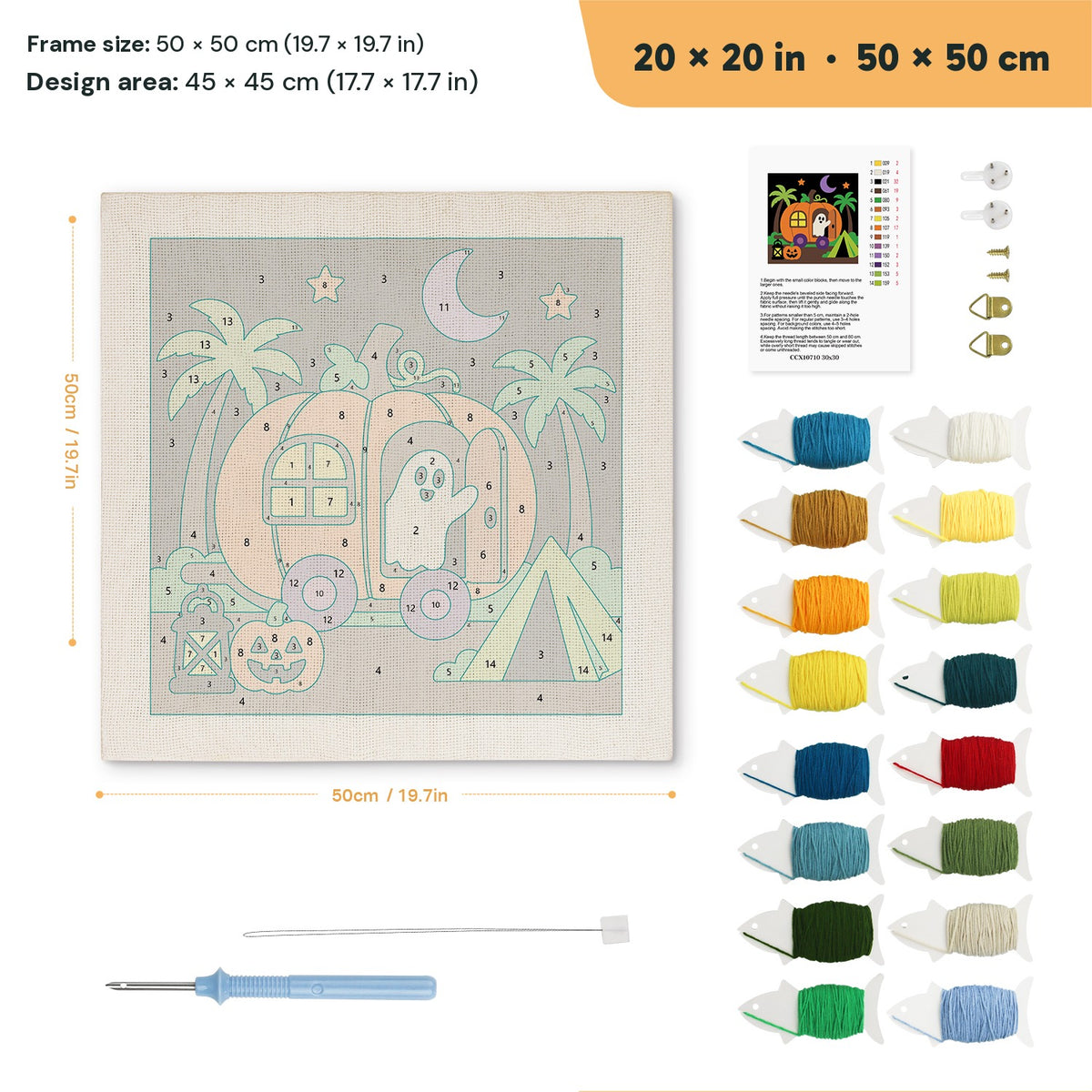 Pumpkin Camper Ghost punch needle kit, 20 × 20 in (50 × 50 cm): canvas size and kit contents