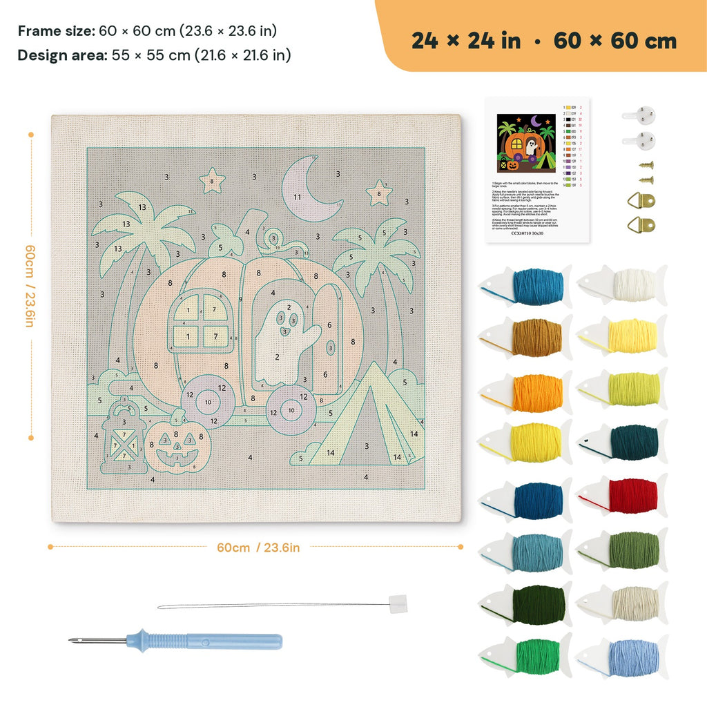 Pumpkin Camper Ghost punch needle kit, 24 × 24 in (60 × 60 cm): canvas size and kit contents