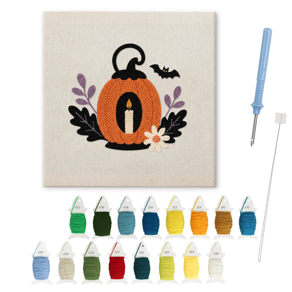 Pumpkin Candle Lantern punch needle kit: finished canvas with threads, punch needle and threader