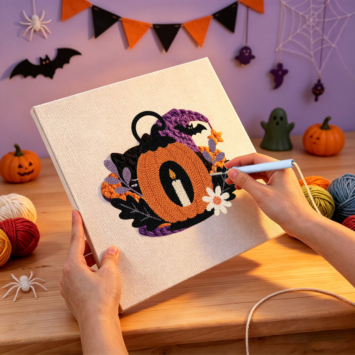 Punching the Pumpkin Candle Lantern design with the punch needle