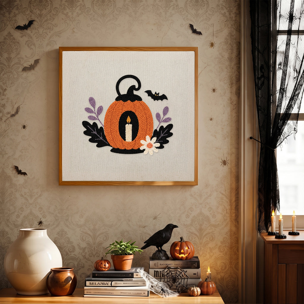 Finished Pumpkin Candle Lantern punch needle canvas on a wall