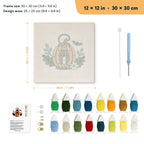 Pumpkin Candle Lantern punch needle kit, 12 × 12 in (30 × 30 cm): canvas size and kit contents