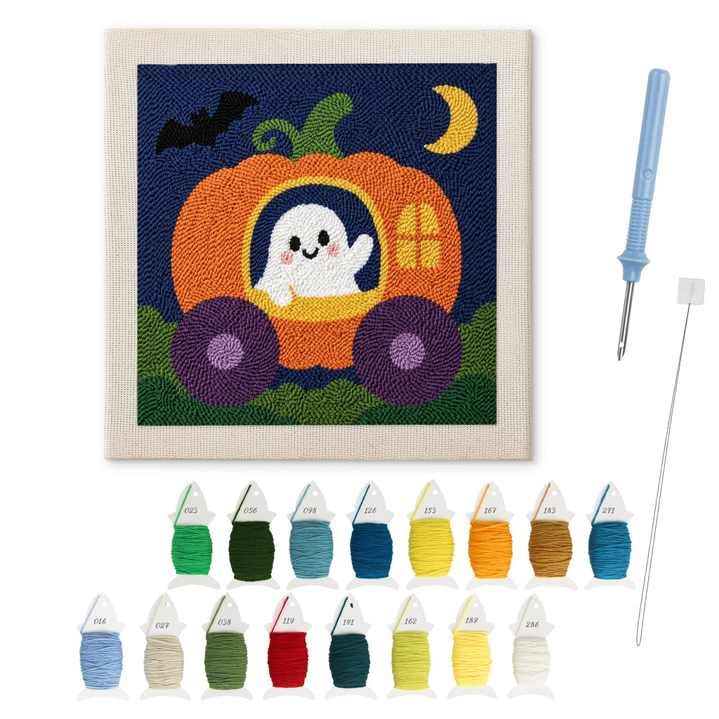 Pumpkin Carriage Ghost punch needle kit: finished canvas with threads, punch needle and threader