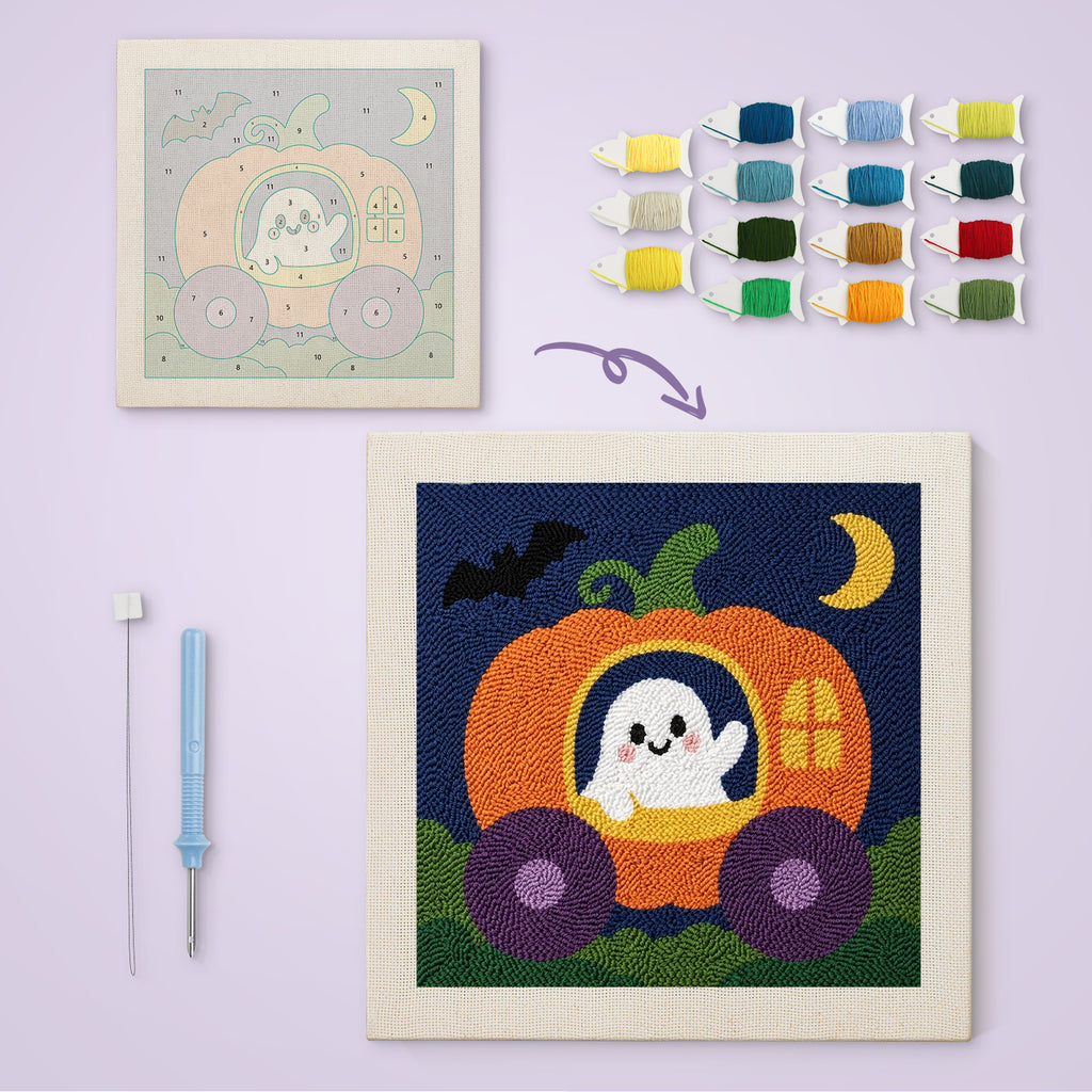 Pumpkin Carriage Ghost canvas before and after punching, with the threads and tools