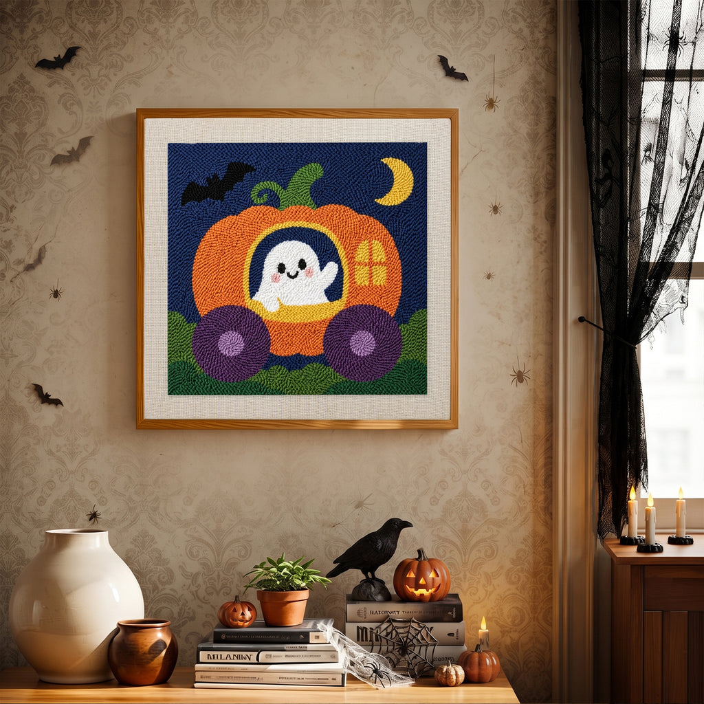 Finished Pumpkin Carriage Ghost punch needle canvas on a wall