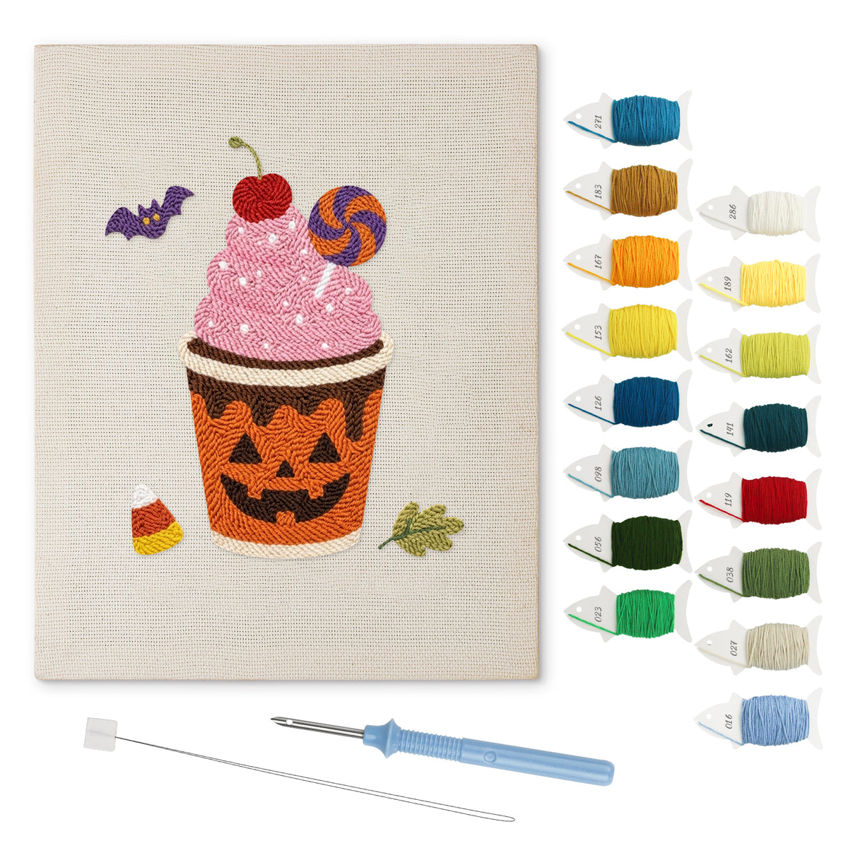 Pumpkin Cup Sundae punch needle kit: finished canvas with threads, punch needle and threader
