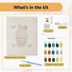 What is in the Pumpkin Cup Sundae kit: printed canvas, punch needle, threader, threads, color guide and hangers