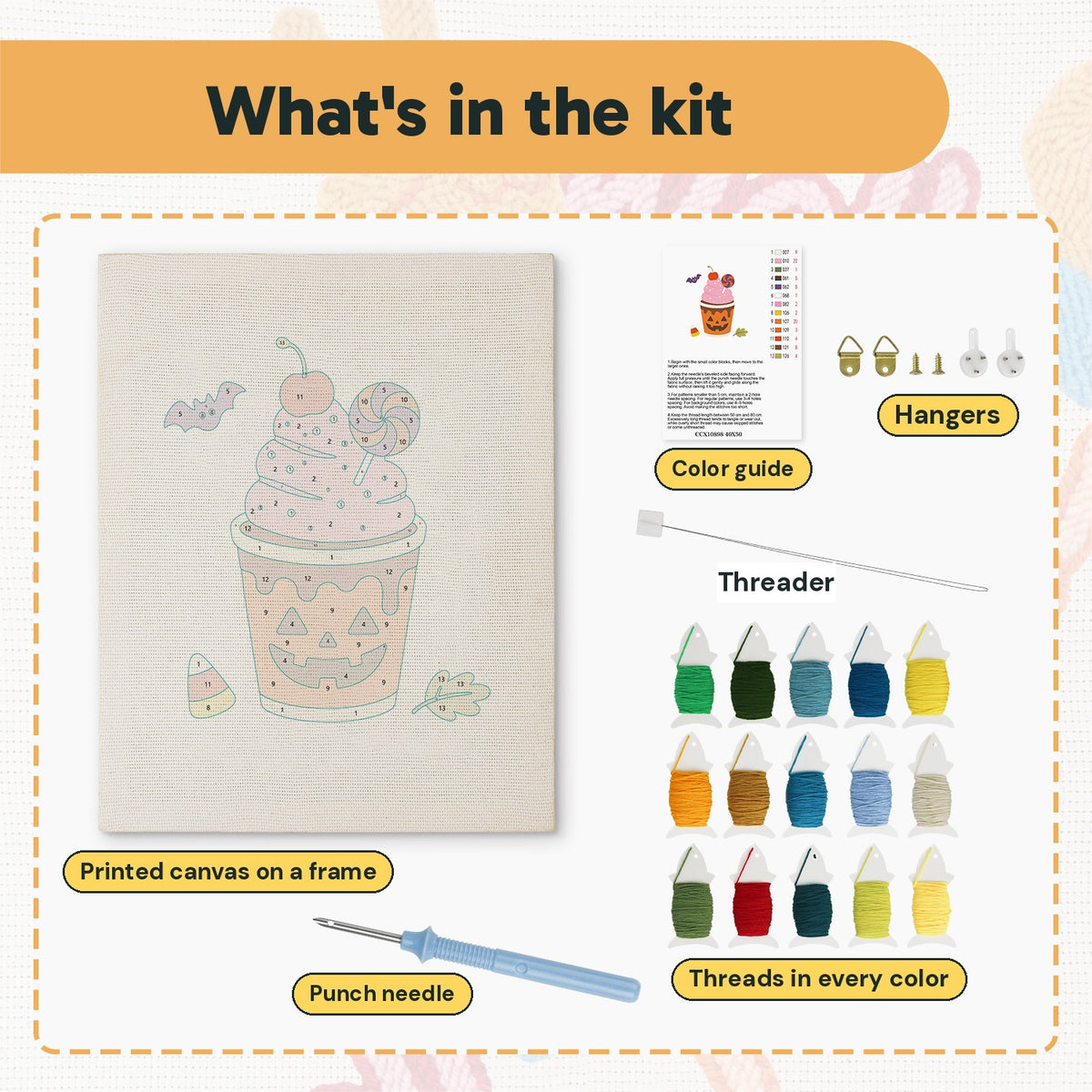 What is in the Pumpkin Cup Sundae kit: printed canvas, punch needle, threader, threads, color guide and hangers