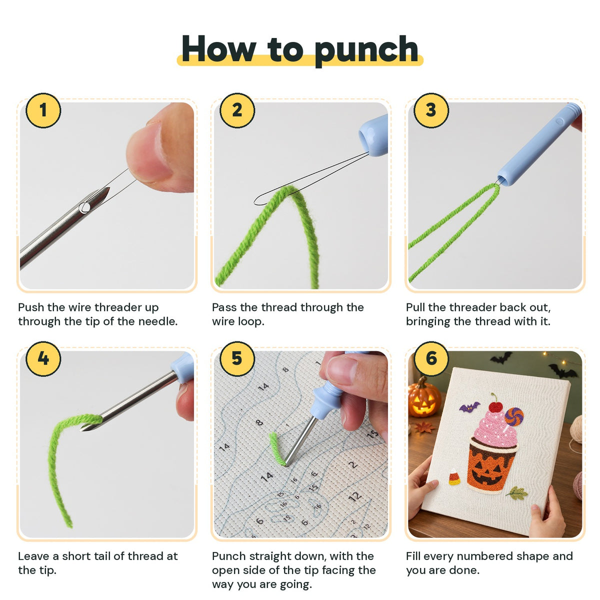 Six steps showing how to thread and use the punch needle