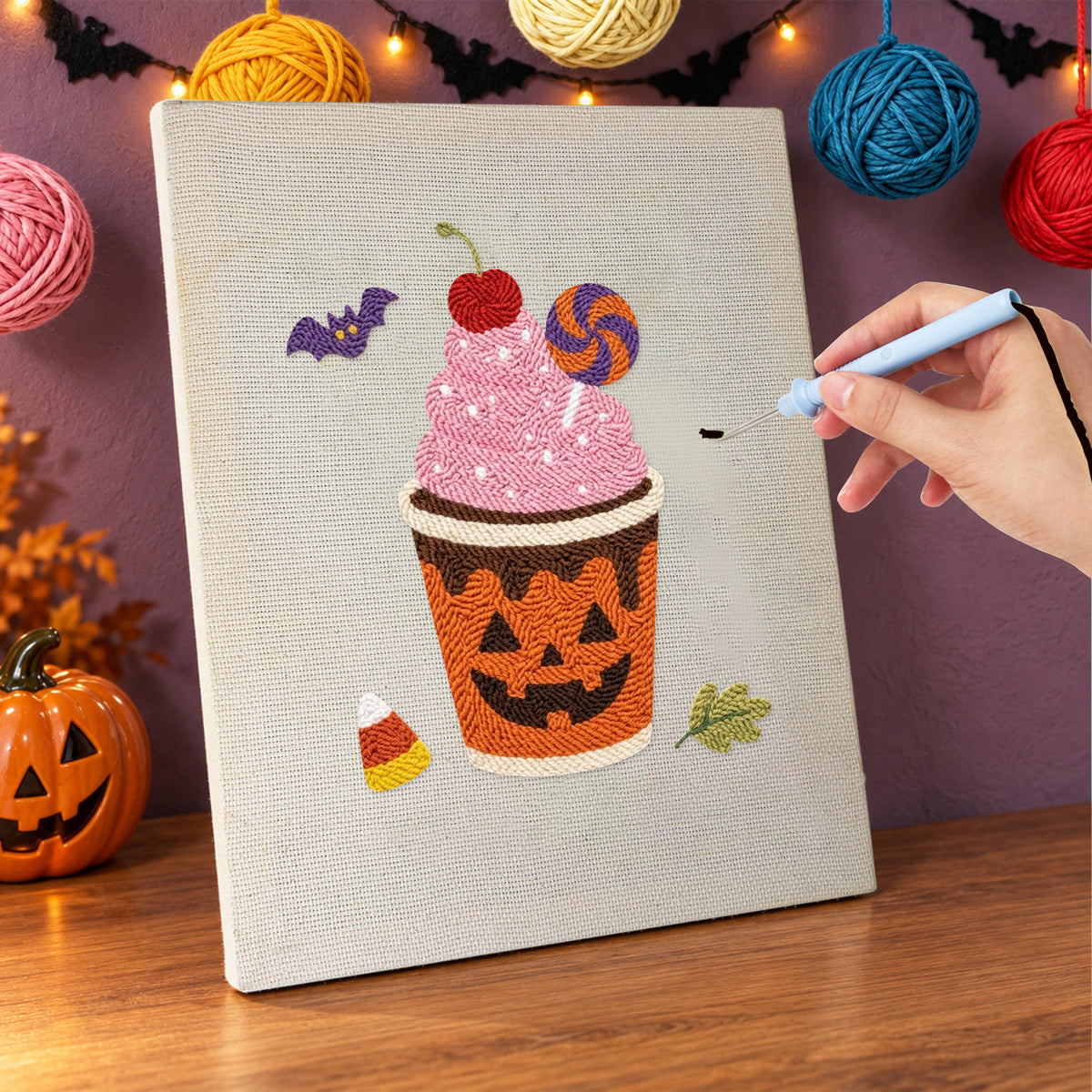 Punching the Pumpkin Cup Sundae design with the punch needle