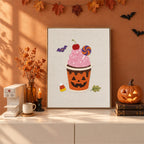 Finished Pumpkin Cup Sundae punch needle canvas on a wall
