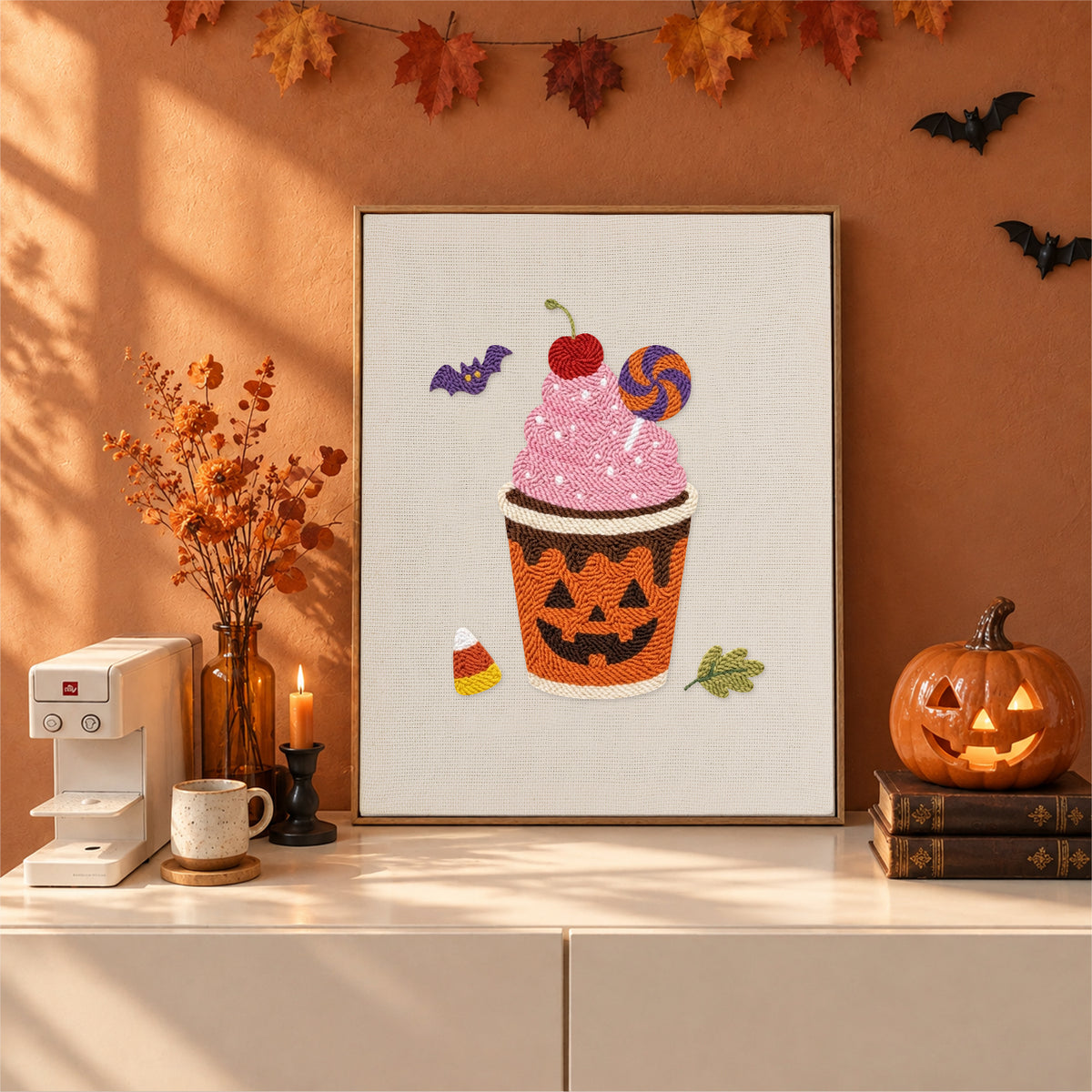 Finished Pumpkin Cup Sundae punch needle canvas on a wall
