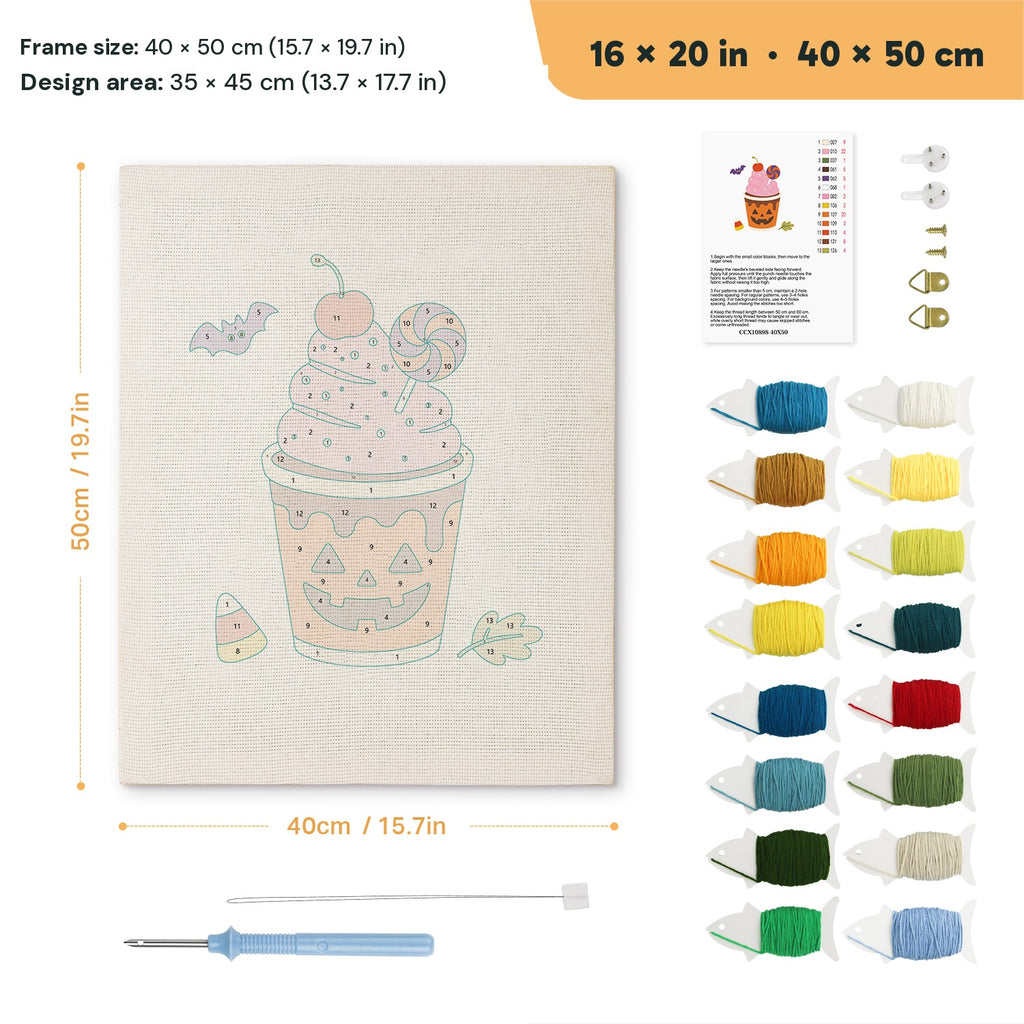 Pumpkin Cup Sundae punch needle kit, 16 × 20 in (40 × 50 cm): canvas size and kit contents