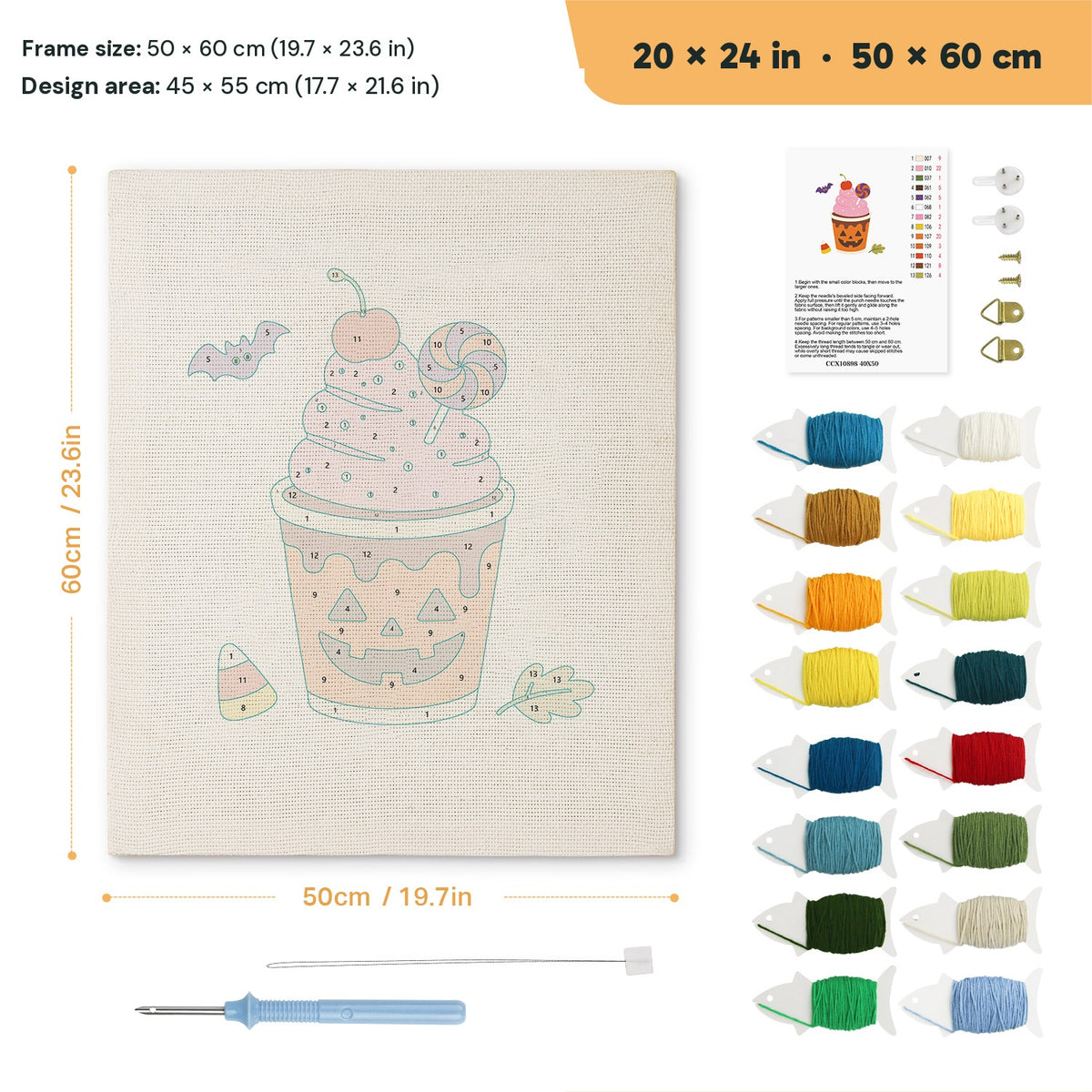 Pumpkin Cup Sundae punch needle kit, 20 × 24 in (50 × 60 cm): canvas size and kit contents