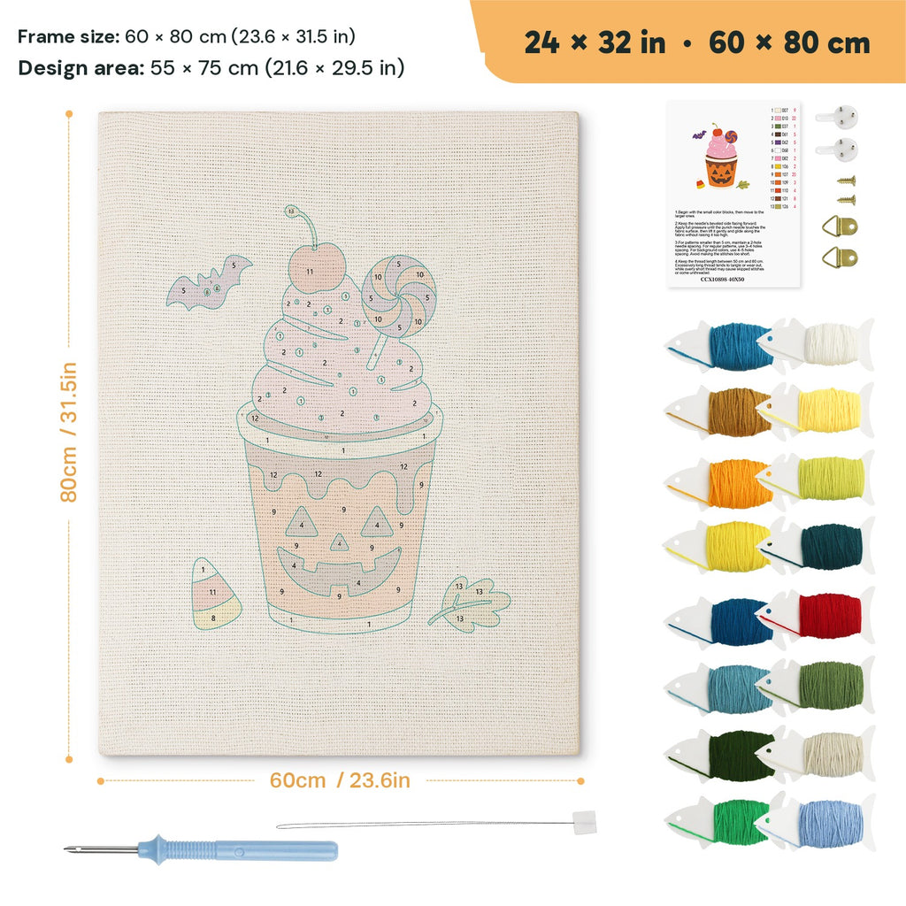 Pumpkin Cup Sundae punch needle kit, 24 × 32 in (60 × 80 cm): canvas size and kit contents