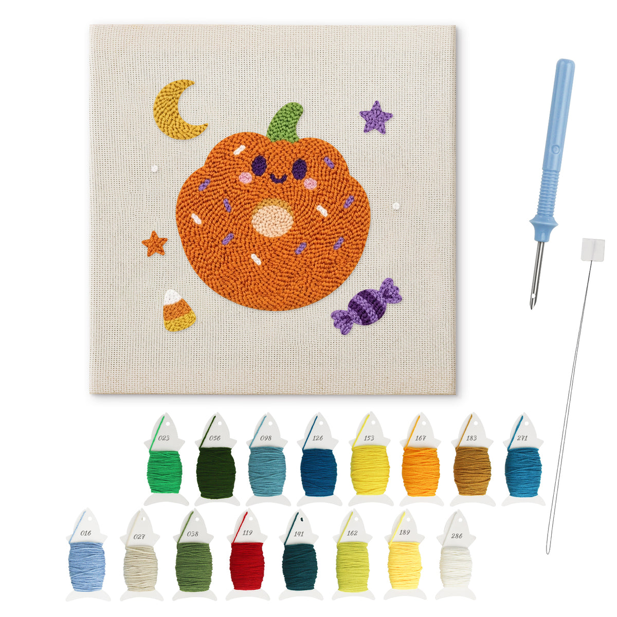Pumpkin Donut punch needle kit: finished canvas with threads, punch needle and threader