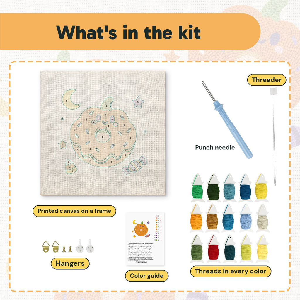 What is in the Pumpkin Donut kit: printed canvas, punch needle, threader, threads, color guide and hangers