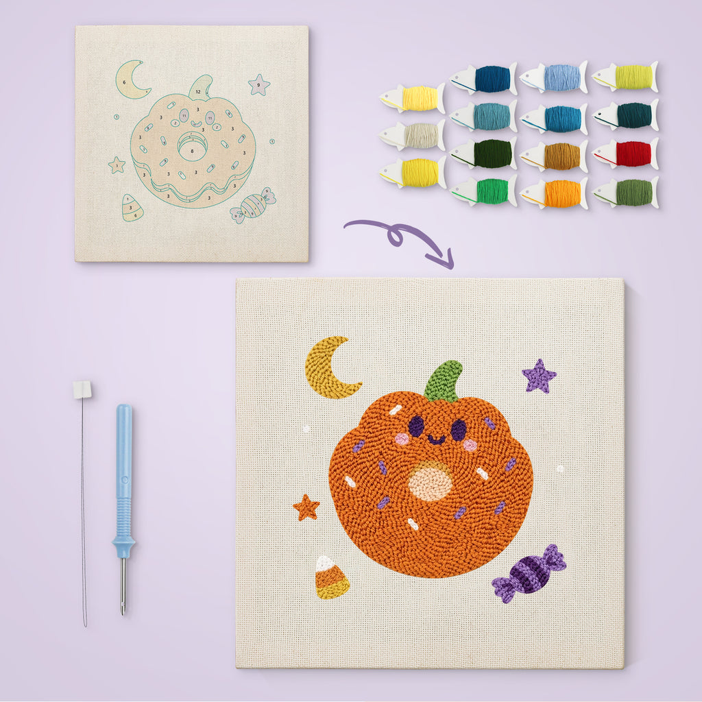 Pumpkin Donut canvas before and after punching, with the threads and tools