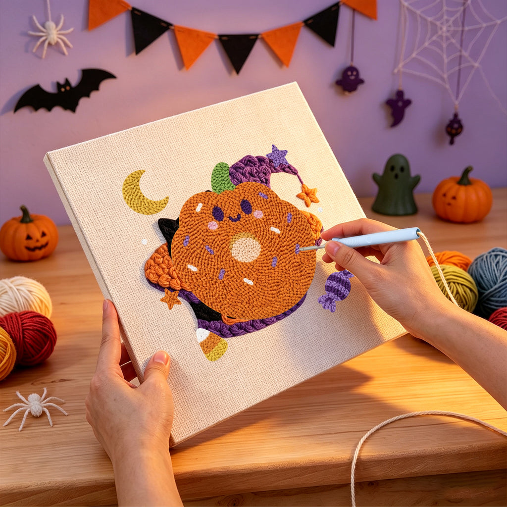Punching the Pumpkin Donut design with the punch needle