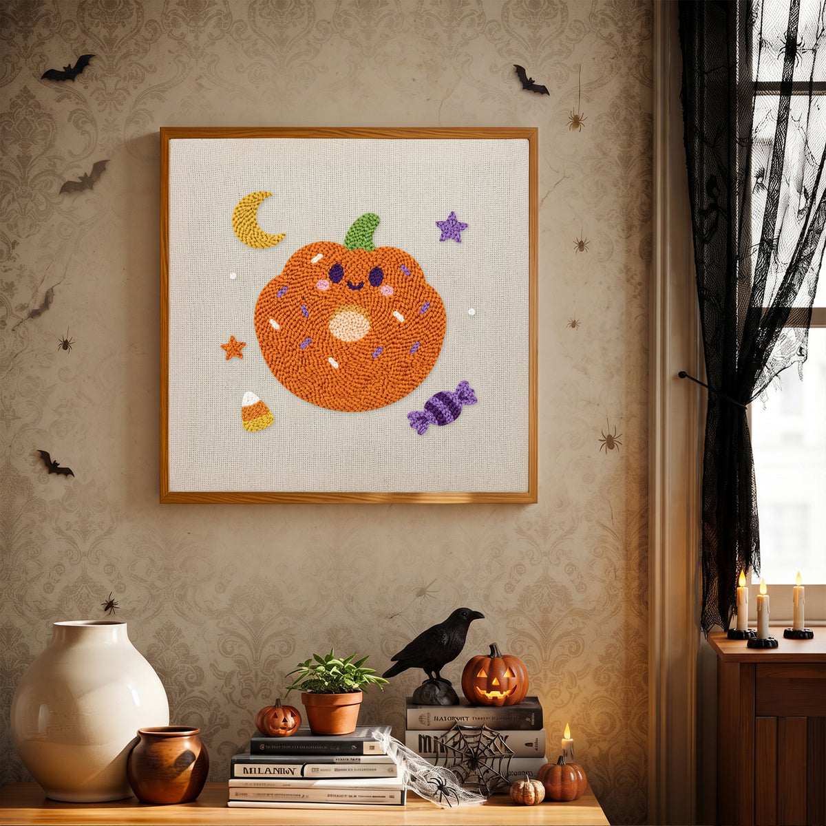 Finished Pumpkin Donut punch needle canvas on a wall