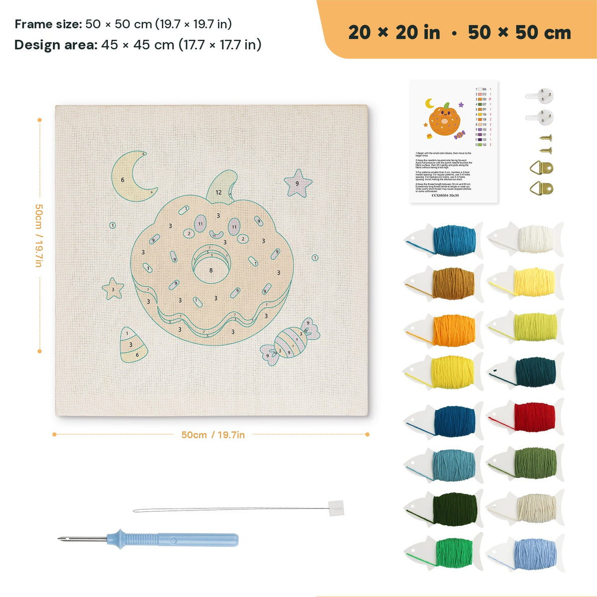 Pumpkin Donut punch needle kit, 20 × 20 in (50 × 50 cm): canvas size and kit contents