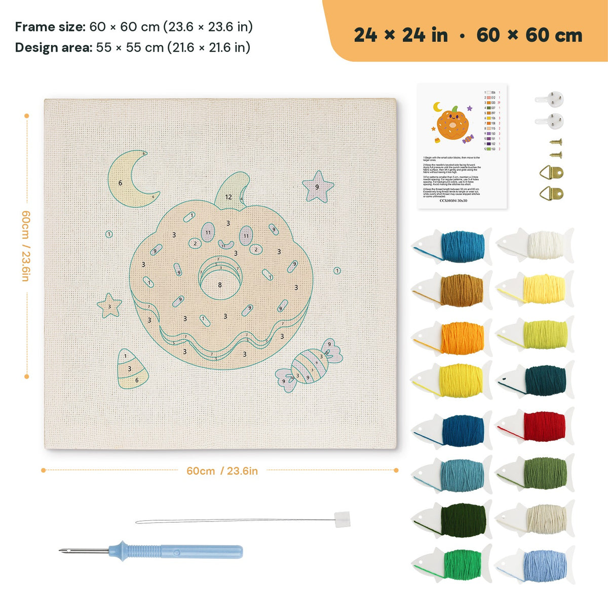 Pumpkin Donut punch needle kit, 24 × 24 in (60 × 60 cm): canvas size and kit contents