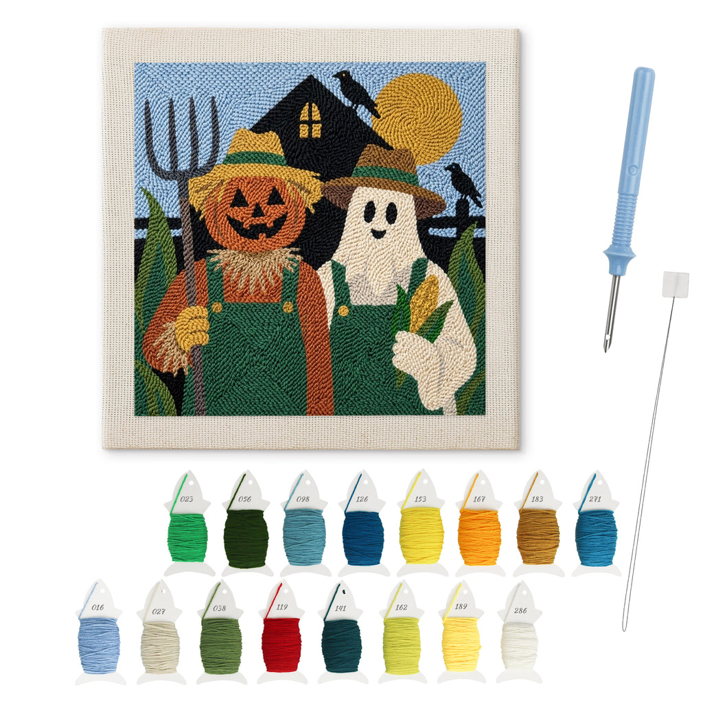 Pumpkin Farm Couple punch needle kit: finished canvas with threads, punch needle and threader