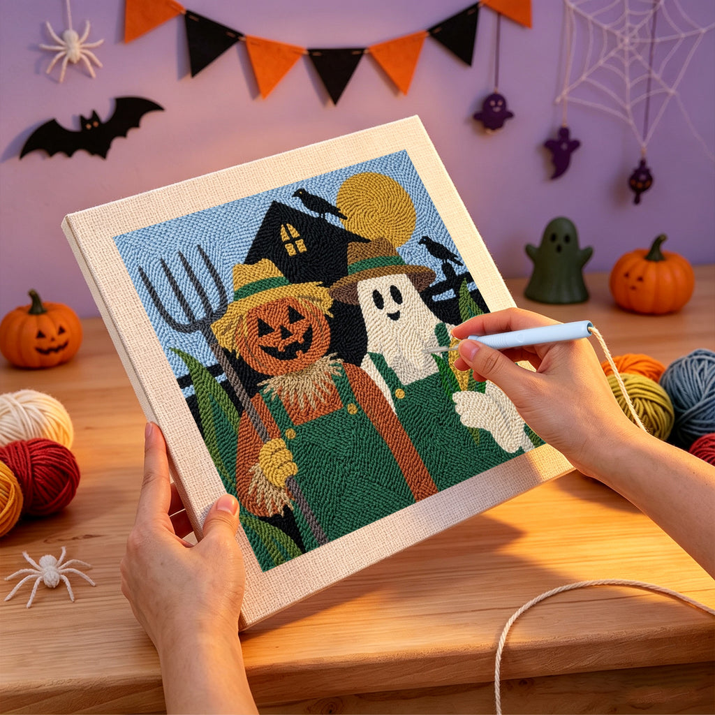 Punching the Pumpkin Farm Couple design with the punch needle