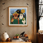 Finished Pumpkin Farm Couple punch needle canvas on a wall