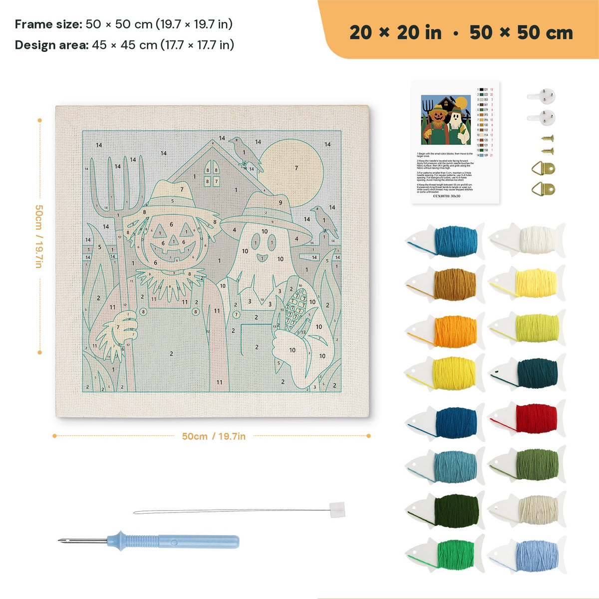 Pumpkin Farm Couple punch needle kit, 20 × 20 in (50 × 50 cm): canvas size and kit contents