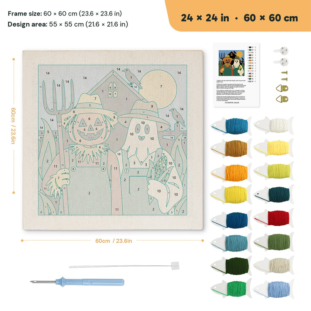 Pumpkin Farm Couple punch needle kit, 24 × 24 in (60 × 60 cm): canvas size and kit contents